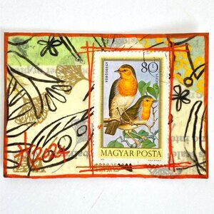 ACEO Original Mixed Media Art 1975 Hungary Bird Postage Stamp ATC
